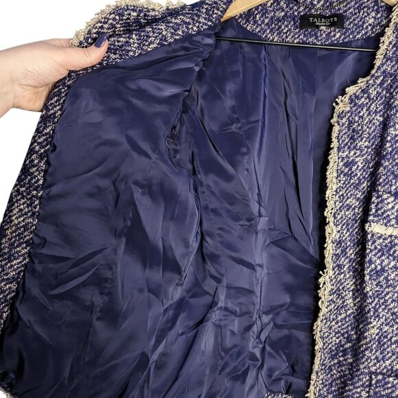 Talbots Blazer 14 Wool Mohair Alpaca Blue Tweed Open Front Office Lady Jacket - Picture 3 of 7